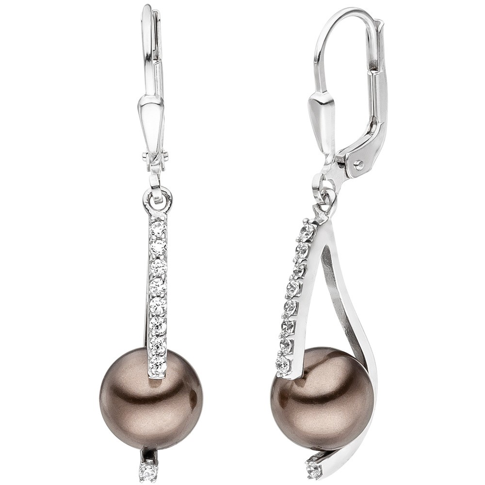 JOBO Ohrhänger 925 Sterlingsilber 2 Perlen braun 18 Zirkonia Ohrringe