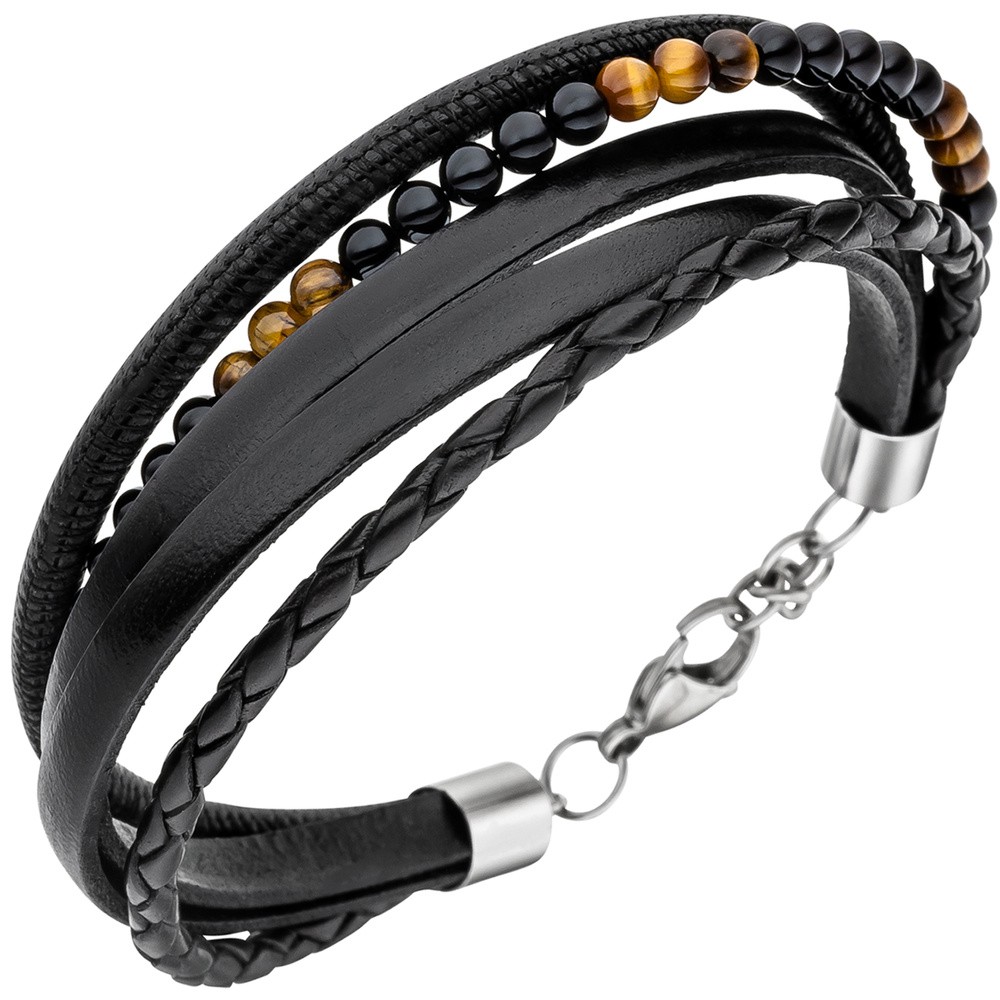 JOBO Armband Leder schwarz mit Onyx und Tigeraugen Kugeln 23cm Lederarmband