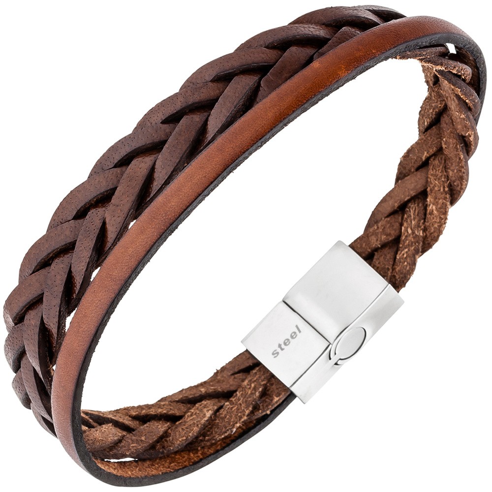 JOBO Herren Armband 2-reihig Leder braun geflochten mit Edelstahl 21cm