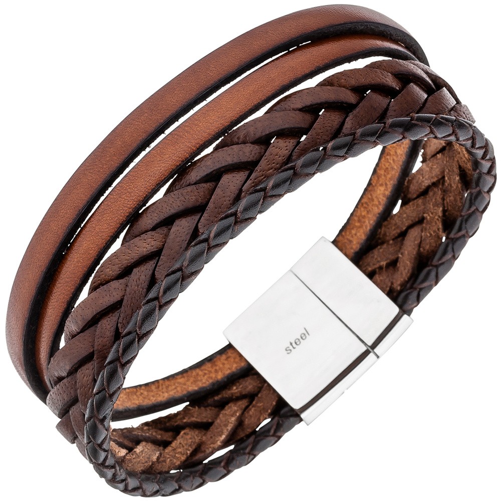 JOBO Herren Armband 4-reihig Leder braun geflochten mit Edelstahl 21cm