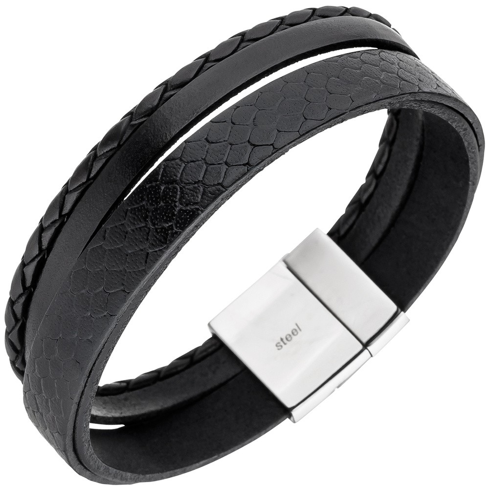 JOBO Herren Armband 4-reihig Leder schwarz geflochten Edelstahl 21cm