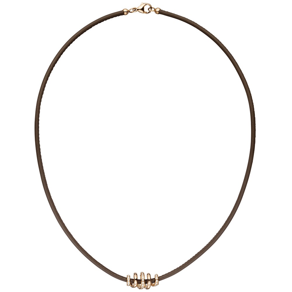 Collier Halskette Leder taupe mit 585 Rotgold 47 Diamanten Brillanten 45cm