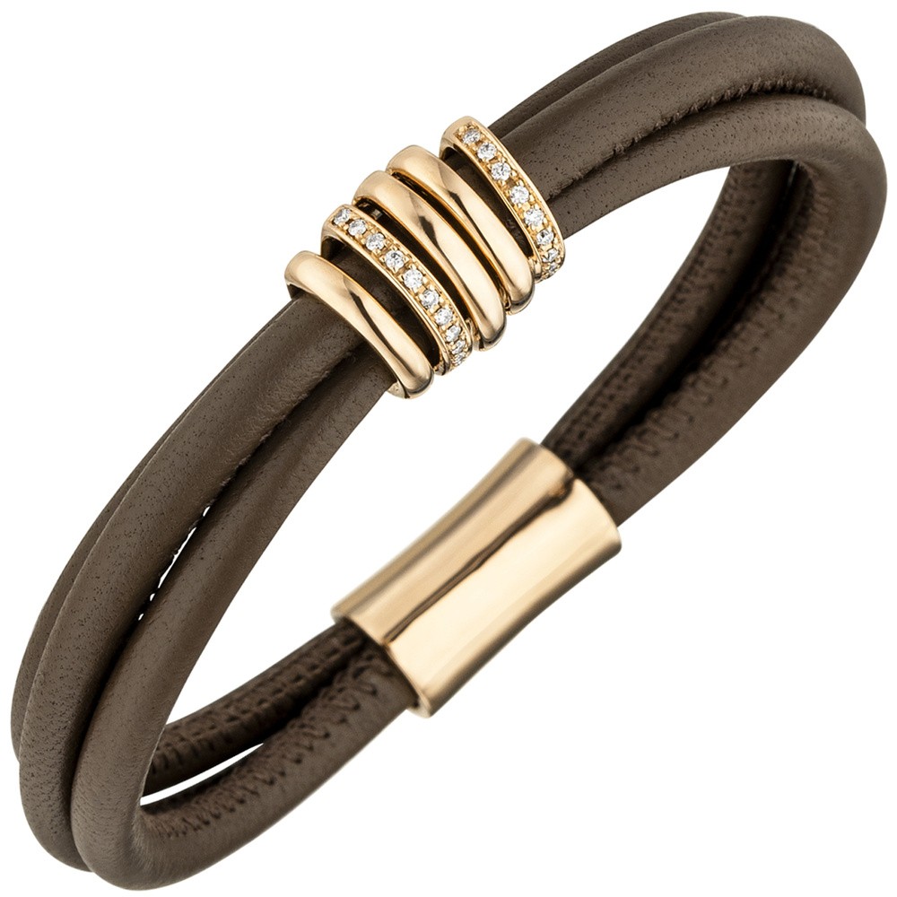 Armband 3-reihig Leder taupe mit 585 Rotgold 34 Diamanten Brillanten 0,24ct
