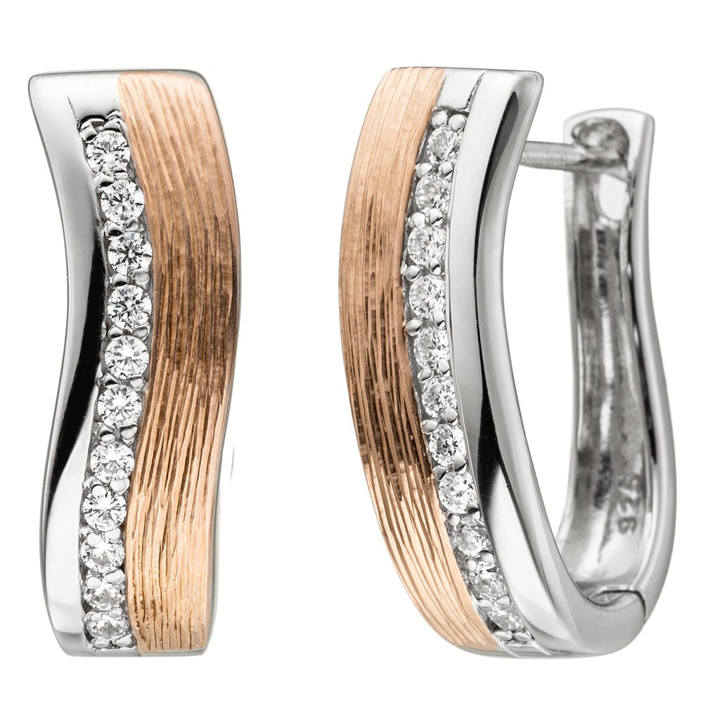 JOBO Creolen 925 Sterlingsilber bicolor vergoldet teil matt 22 Zirkonia Ohrringe