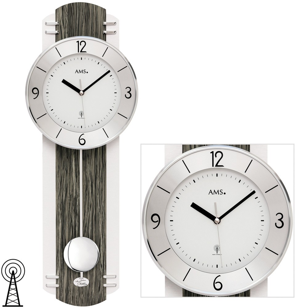 AMS Wanduhr Funk Funkwanduhr mit Pendel schwarz graue Holz Optik Pendeluhr