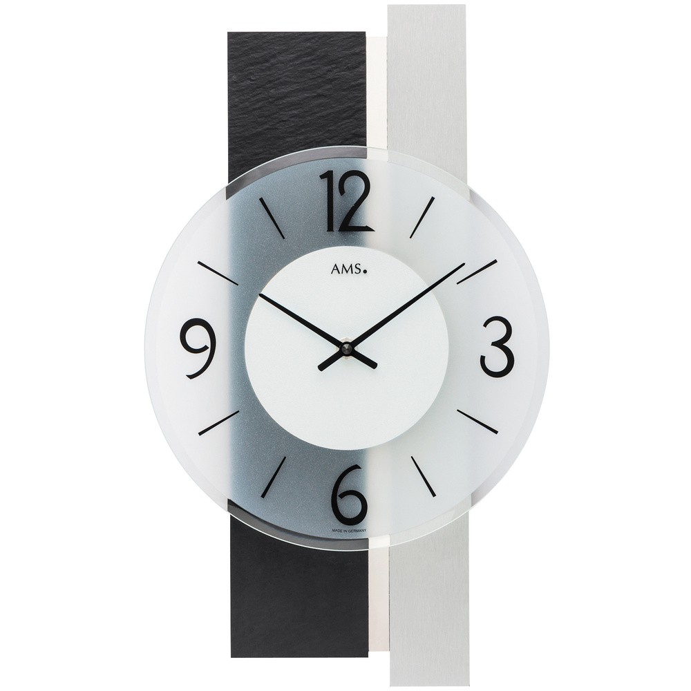 AMS Wanduhr Quarz analog silbern modern mit Schiefer und Glas