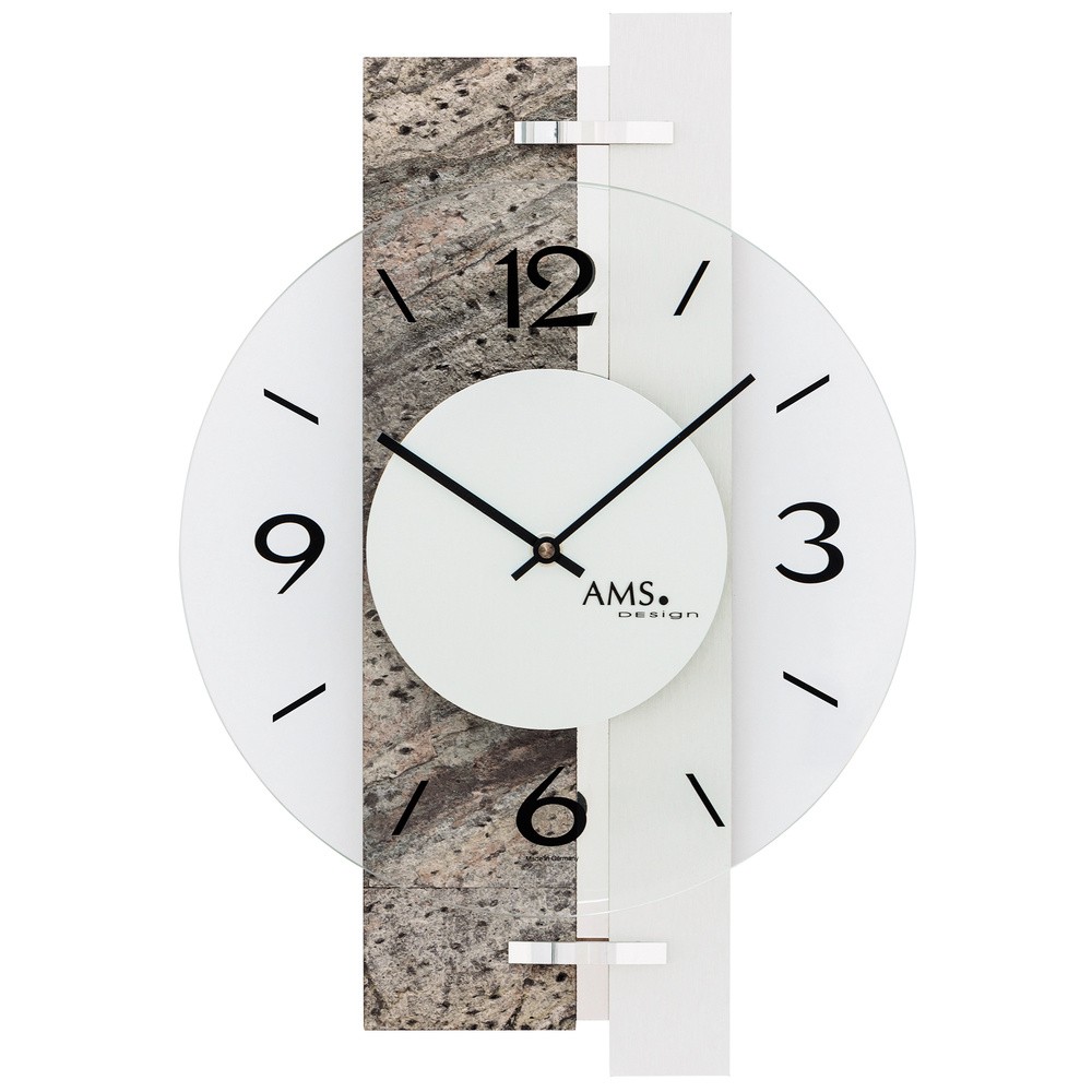 AMS Wanduhr Quarz analog silbern Naturstein-Optik mit Aluminium und Glas