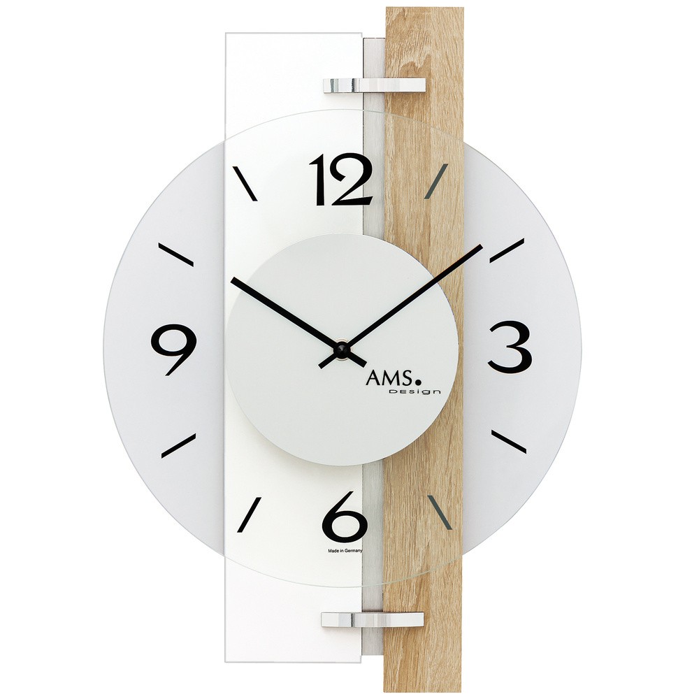 AMS Wanduhr Quarz Hochglanz weiß Holz Sonoma Optik mit Aluminium und Glas