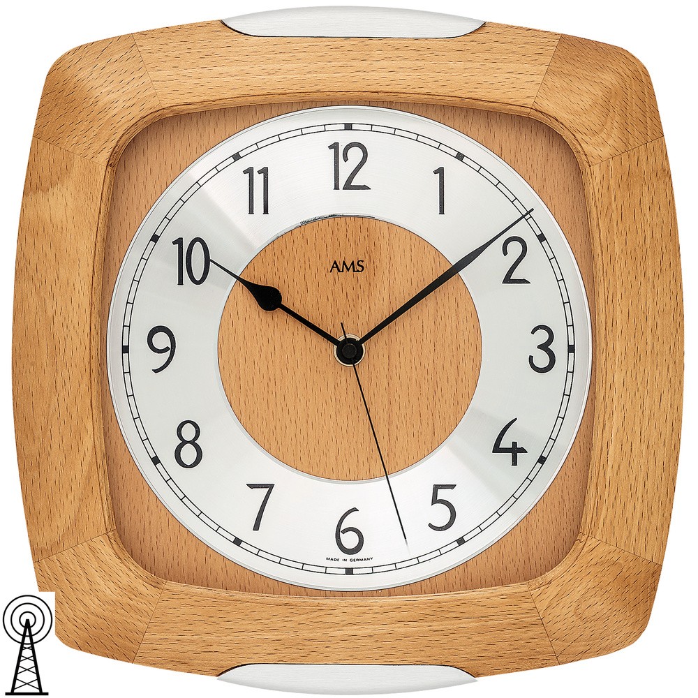 AMS 5804/18 Wanduhr Funk Funkwanduhr analog Holz Buche massiv mit Glas