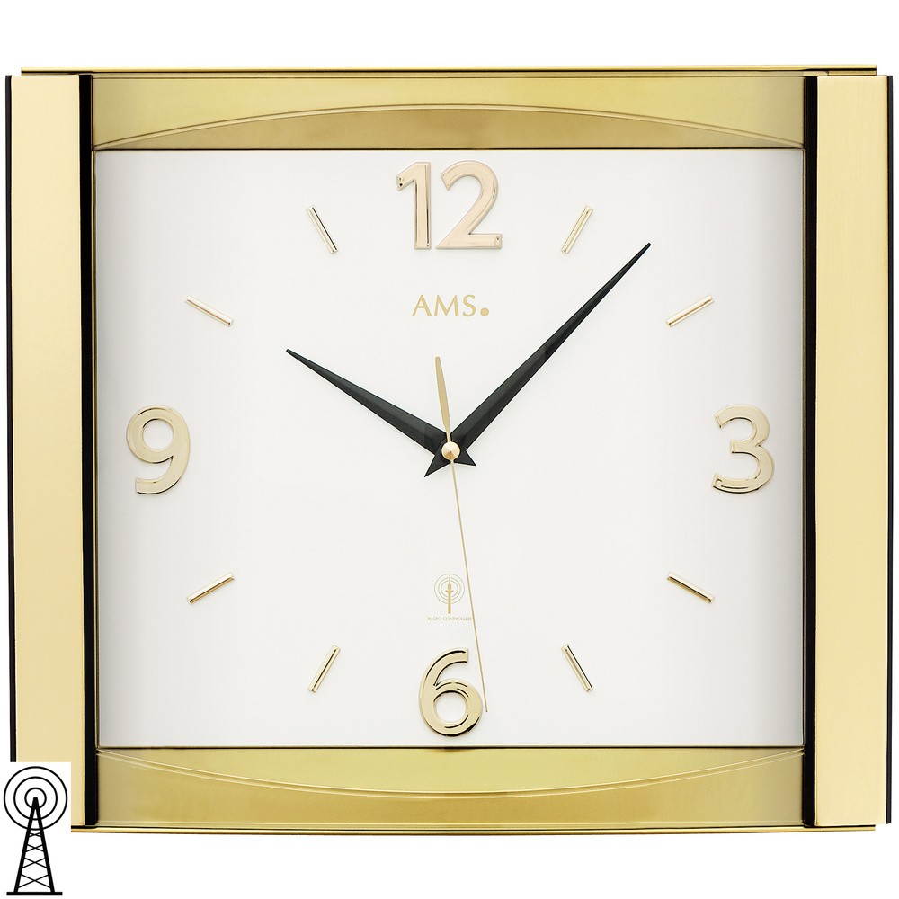 AMS Wanduhr Funk Funkwanduhr analog golden mit Glas