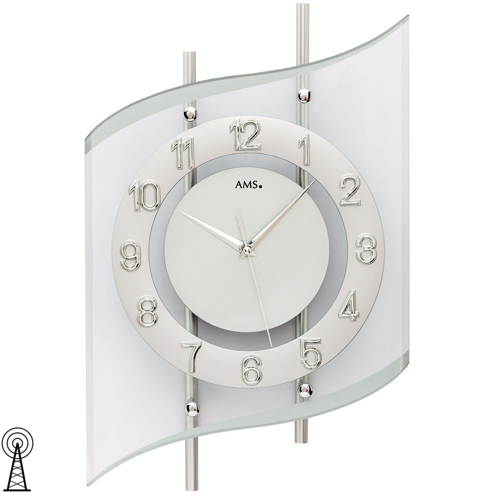 AMS Wanduhr Funk Funkwanduhr analog silbern modern geschwungen mit Glas