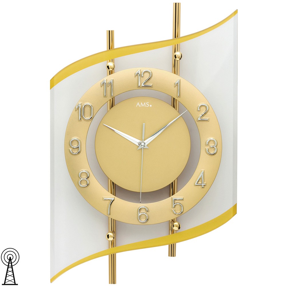 AMS Wanduhr Funk Funkwanduhr analog golden modern geschwungen mit Glas