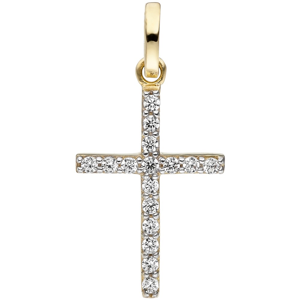 JOBO Anhänger Kreuz schmal 375 Gelbgold 16 Zirkonia Kreuzanhänger Goldkreuz