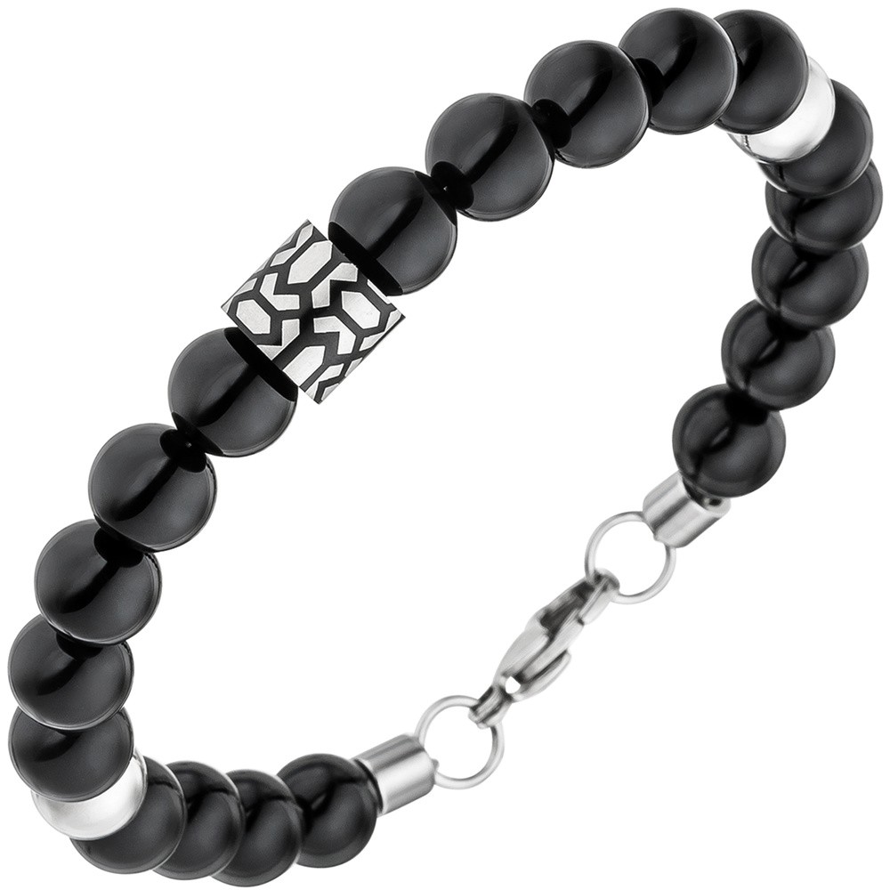 JOBO Herren Armband Onyx Kugeln mit Edelstahl 21cm schwarz