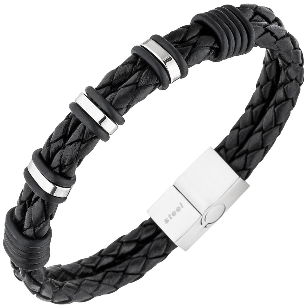 JOBO Herren Armband 2-reihig Leder schwarz mit Edelstahl 21cm