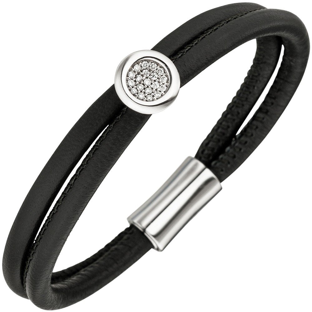 Armband 2-reihig Leder schwarz mit 585 Weißgold 19 Diamanten Brillanten