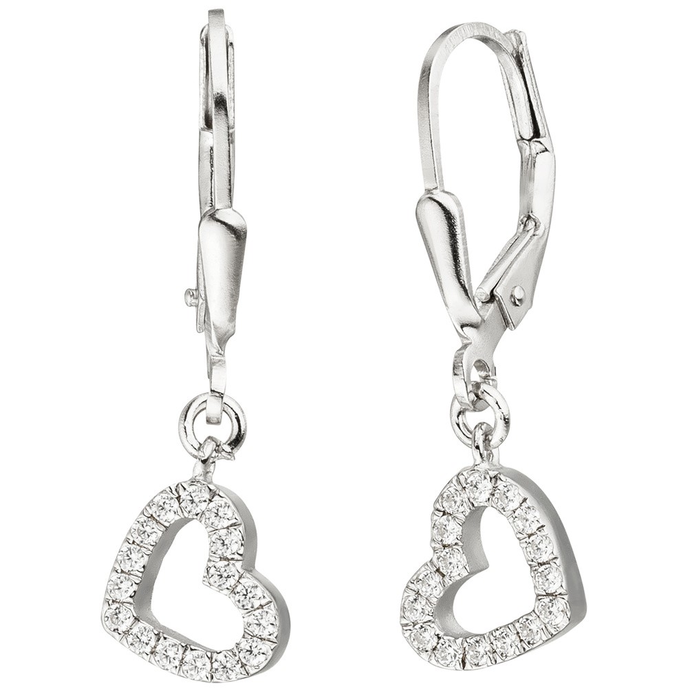 JOBO Ohrhänger Herz 925 Sterlingsilber 32 Zirkonia Ohrringe Boutons Herzohrringe
