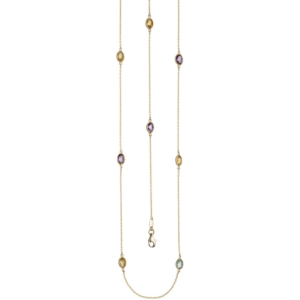 Halskette Kette lang 585 Gelbgold Citrine Blautopase Amethyste 90cm