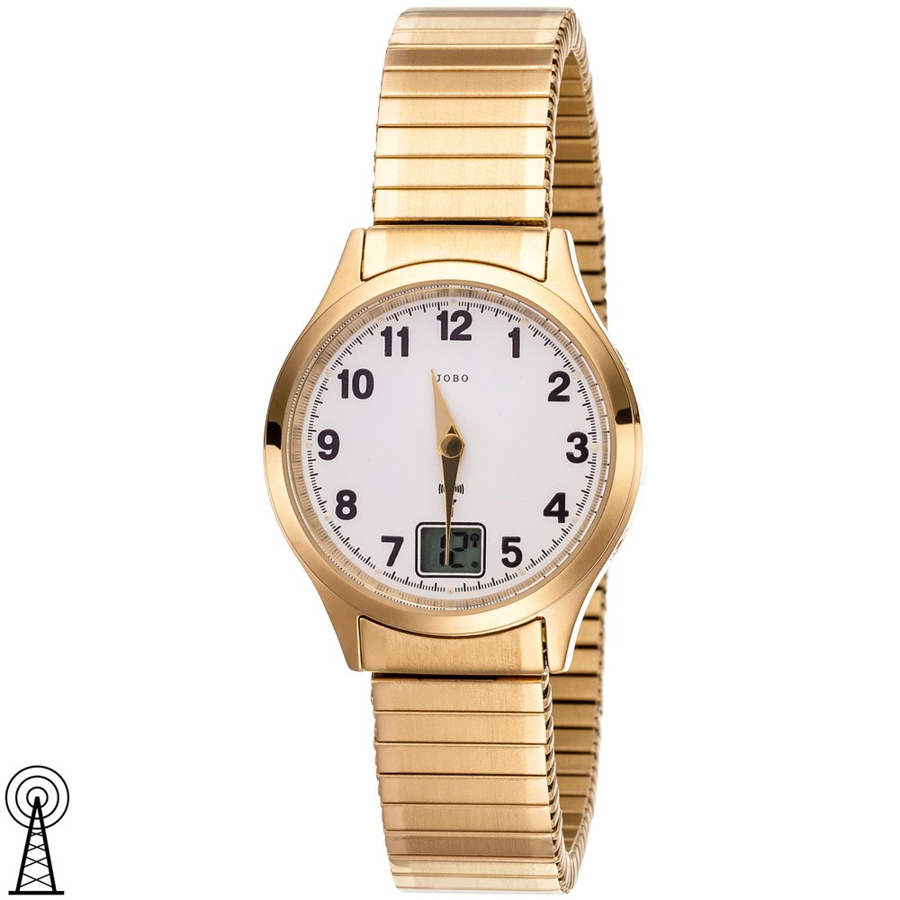 Damen Armbanduhr Funkuhr Edelstahl vergoldet Flexband Datum