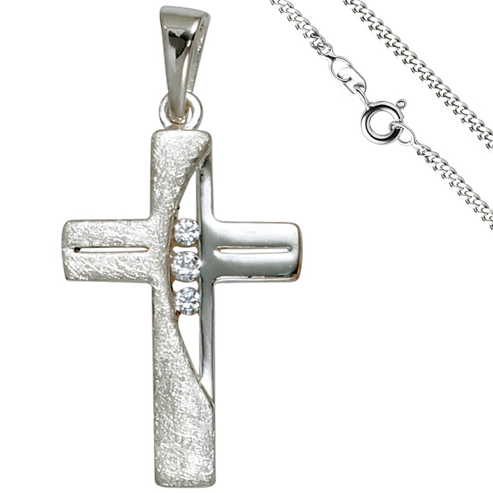 JOBO 925 50cm Kette Kreuz Silberkreuz Zirkonia 3 mit Anhänger Silber Kreuzanhänger