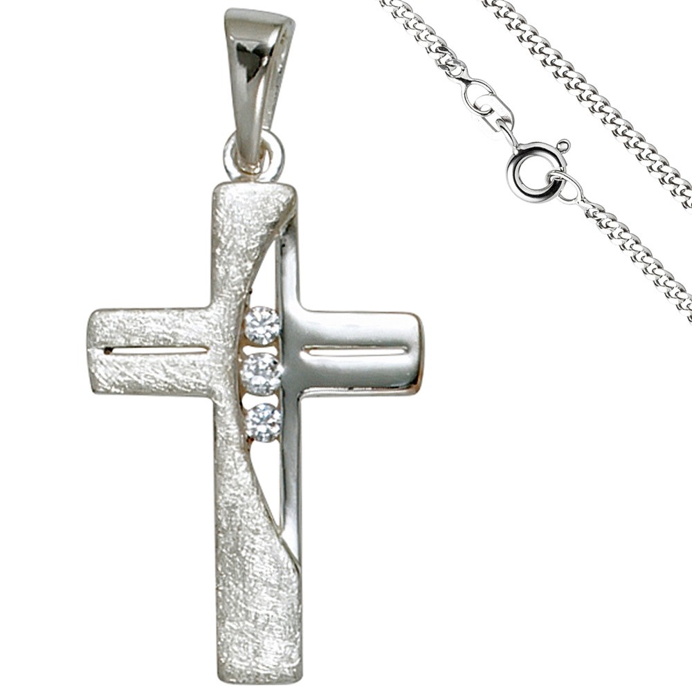 Anhänger Kreuz 925 Silber 3 Zirkonia Kreuzanhänger Silberkreuz mit Kette 60cm