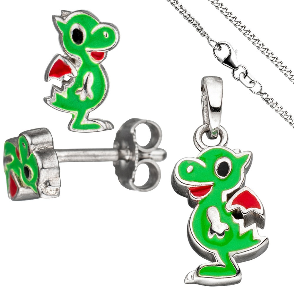 Kinder Schmuck-Set Kleiner Drache 925 Silber grün lackiert mit Kette 42cm