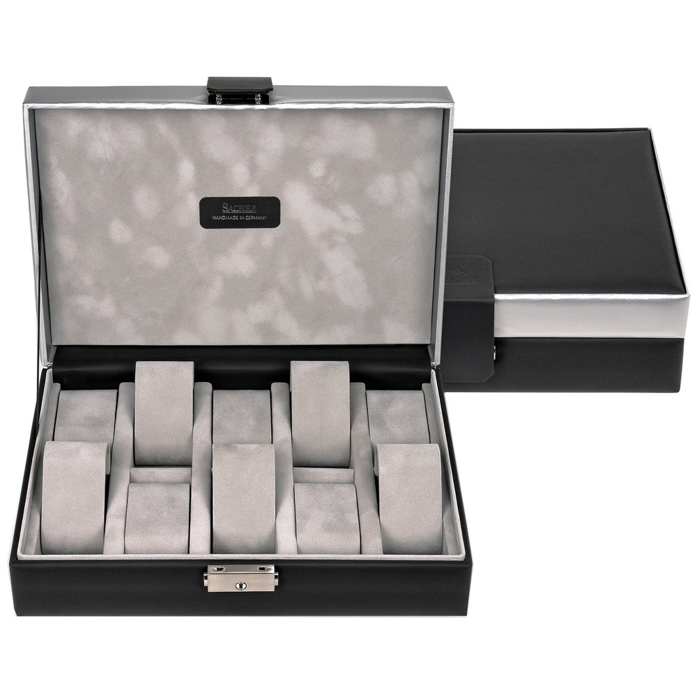 Uhrenetui Uhrenkasten Uhrenbox CARVON schwarz silbern für 10 Uhren