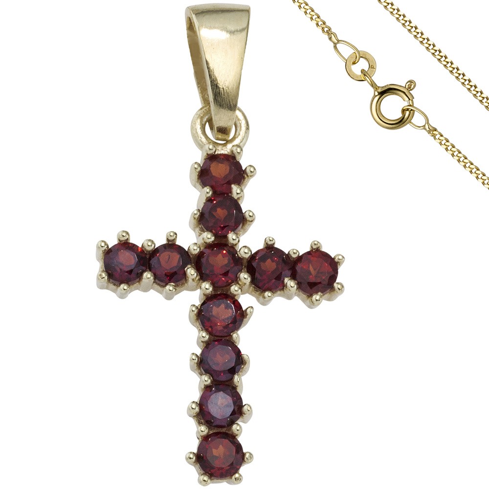 Anhänger Kreuz 333 Gelbgold 11 Granate rot mit Kette 45cm