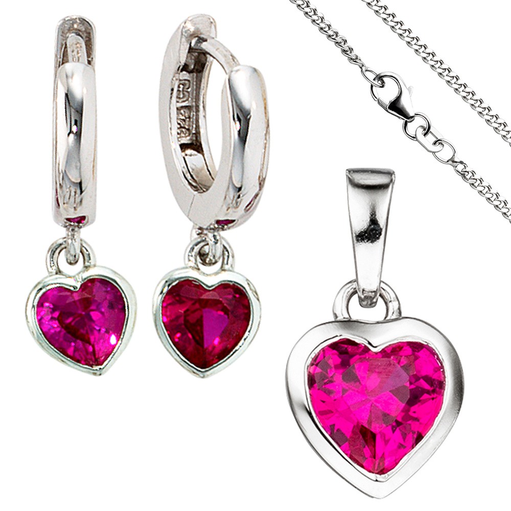 Kinder Mädchen Schmuck-Set Herz pink rosa 925 Silber Zirkonia mit Kette 42cm