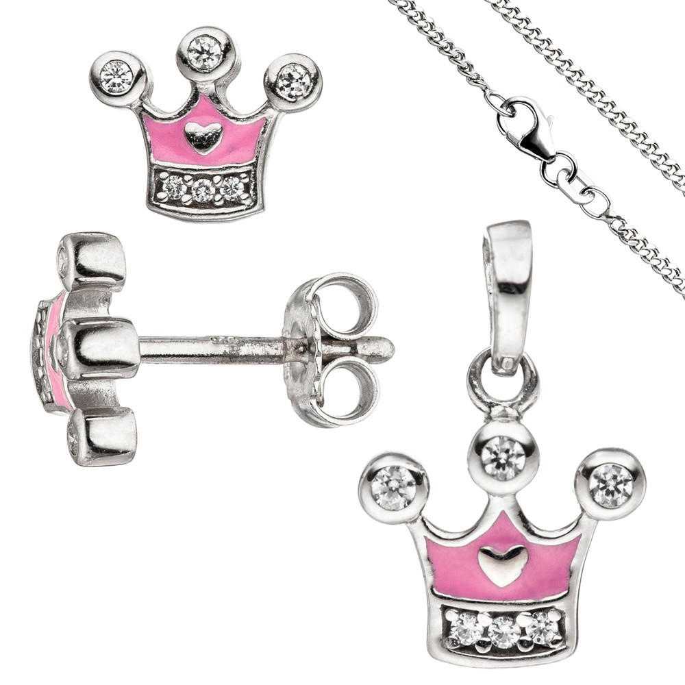 Kinder Mädchen Schmuck-Set Krone pink rosa 925 Silber Zirkonia mit Kette 38cm