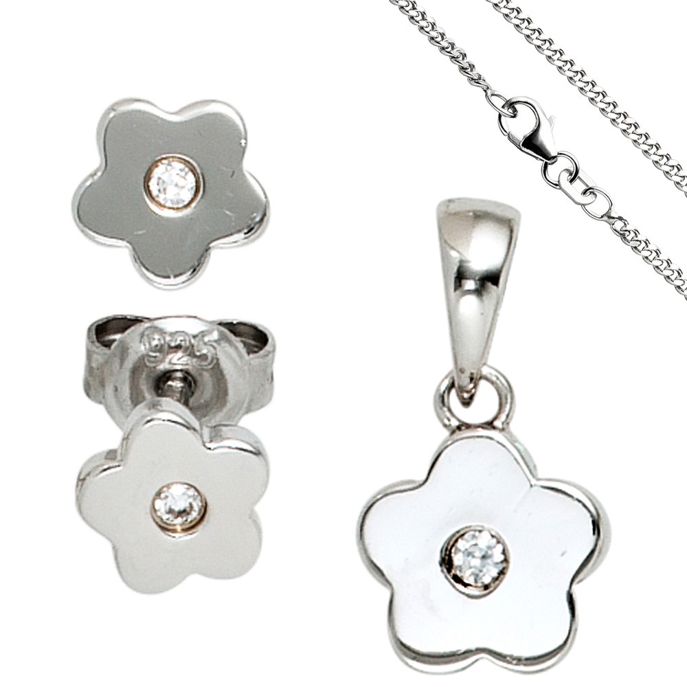 Kinder Schmuck-Set Blume 925 Silber mit Zirkonia Anhänger Kette 42cm