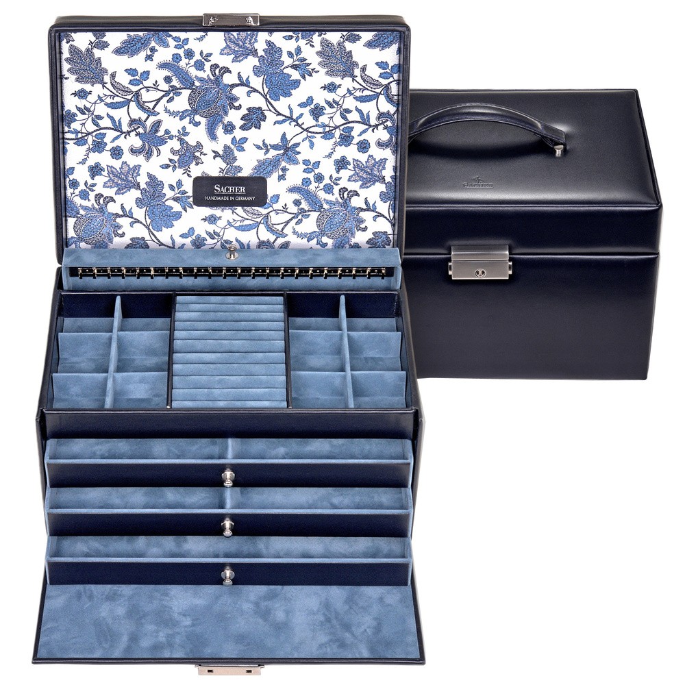 Schmuckkoffer FLORAGE Leder blau Schloss Schubladen