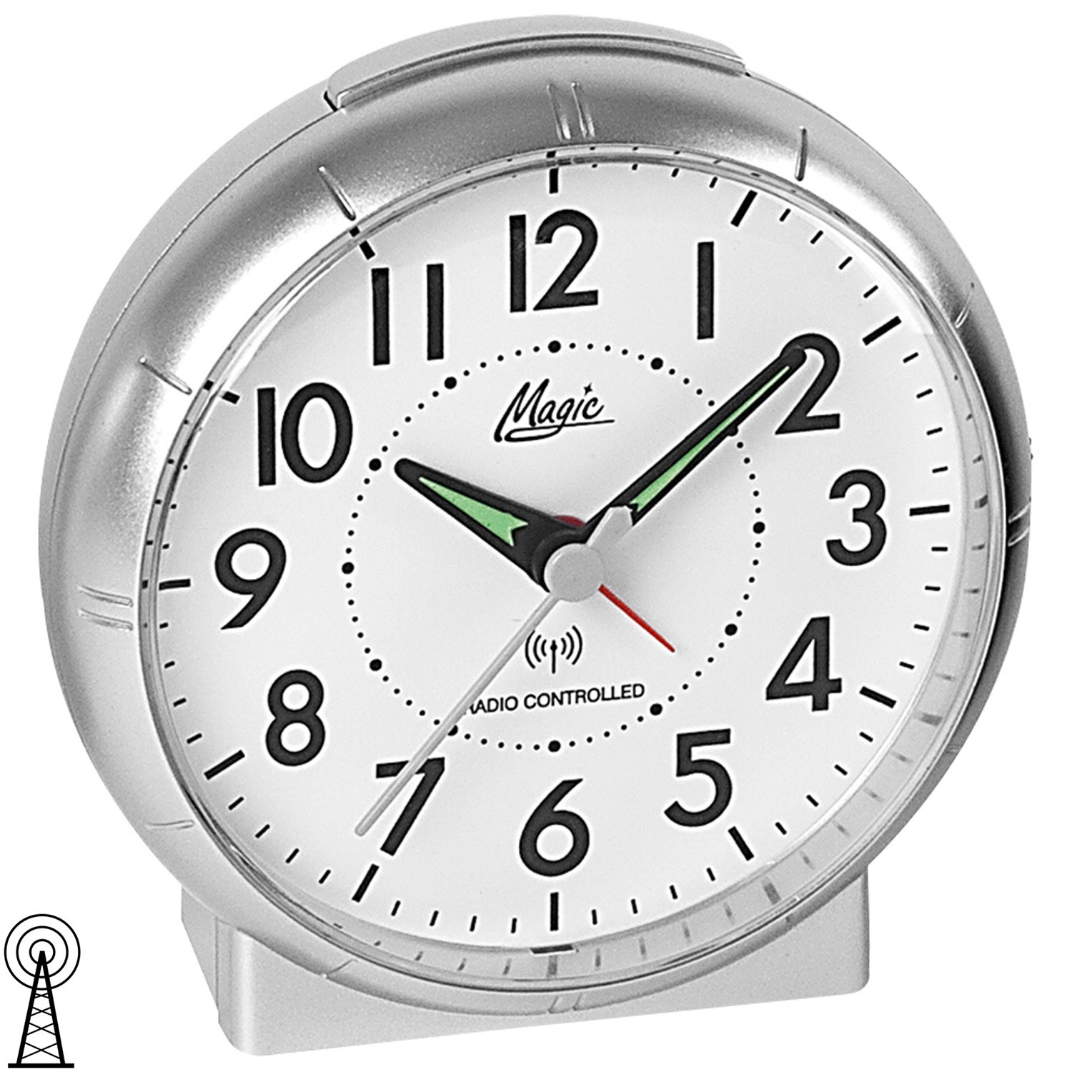Wecker Funk Funkwecker silbern rund mit Licht Snooze