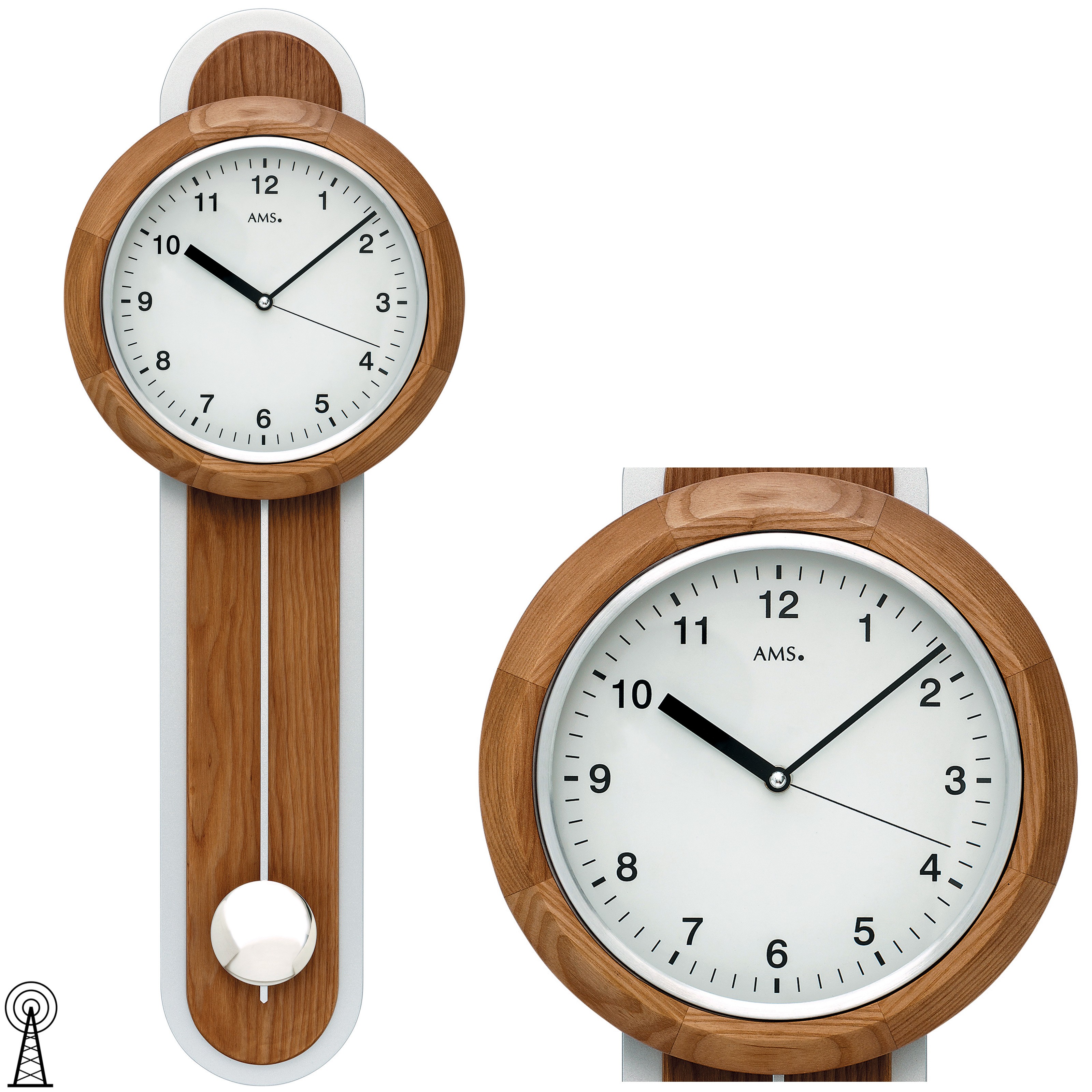 Wanduhr Funk Funkwanduhr mit Pendel analog silbern Holz Eiche