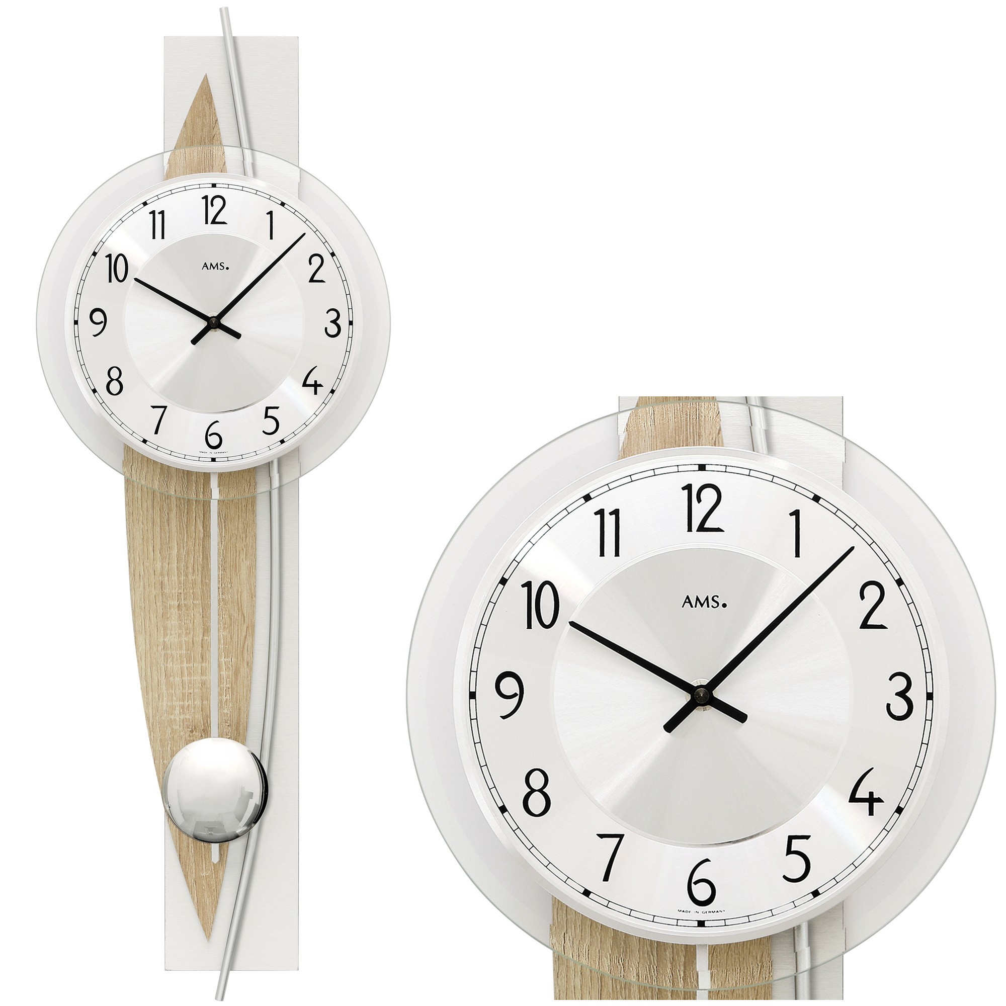 Wanduhr Quarz mit Pendel Pendeluhr silbern Holz Sonoma Optik