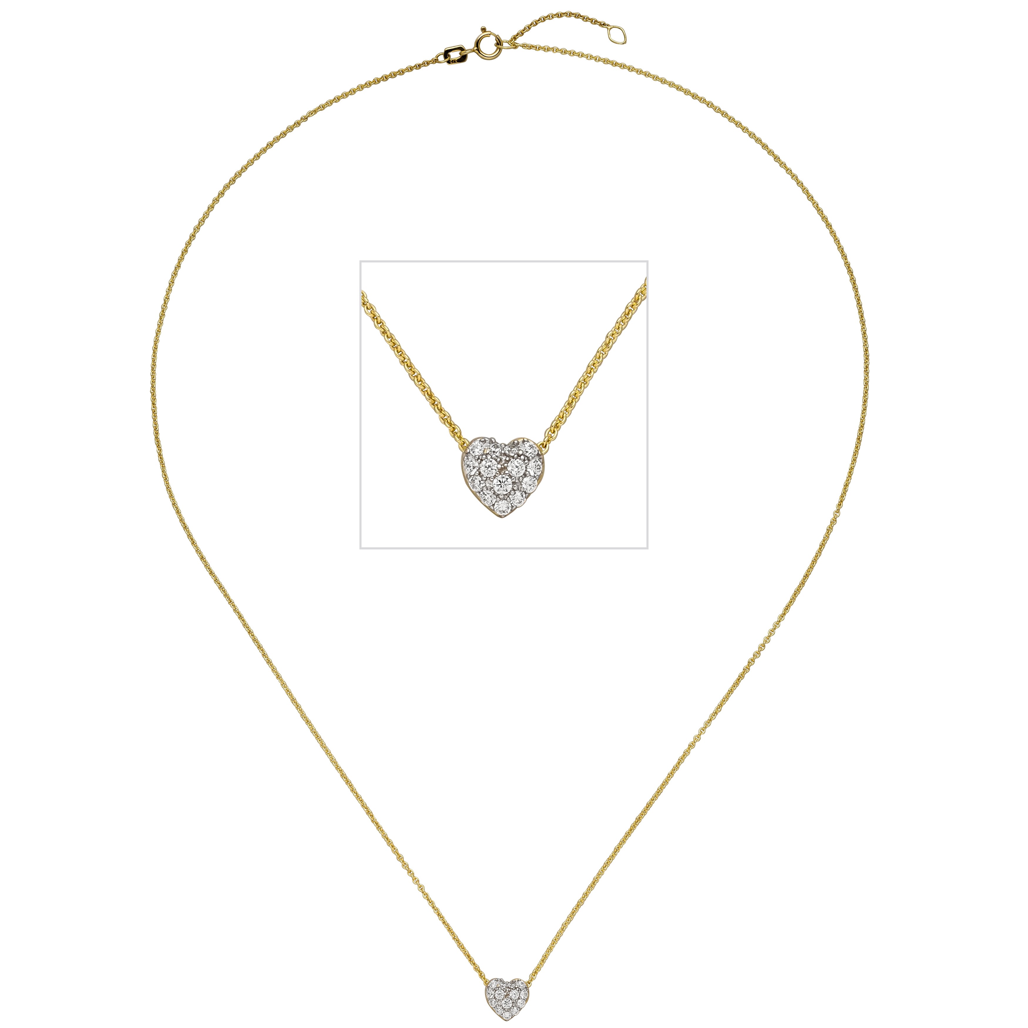 Collier Kette mit Anhänger Herz 375 Gelbgold bicolor 14 Zirkonia 45cm