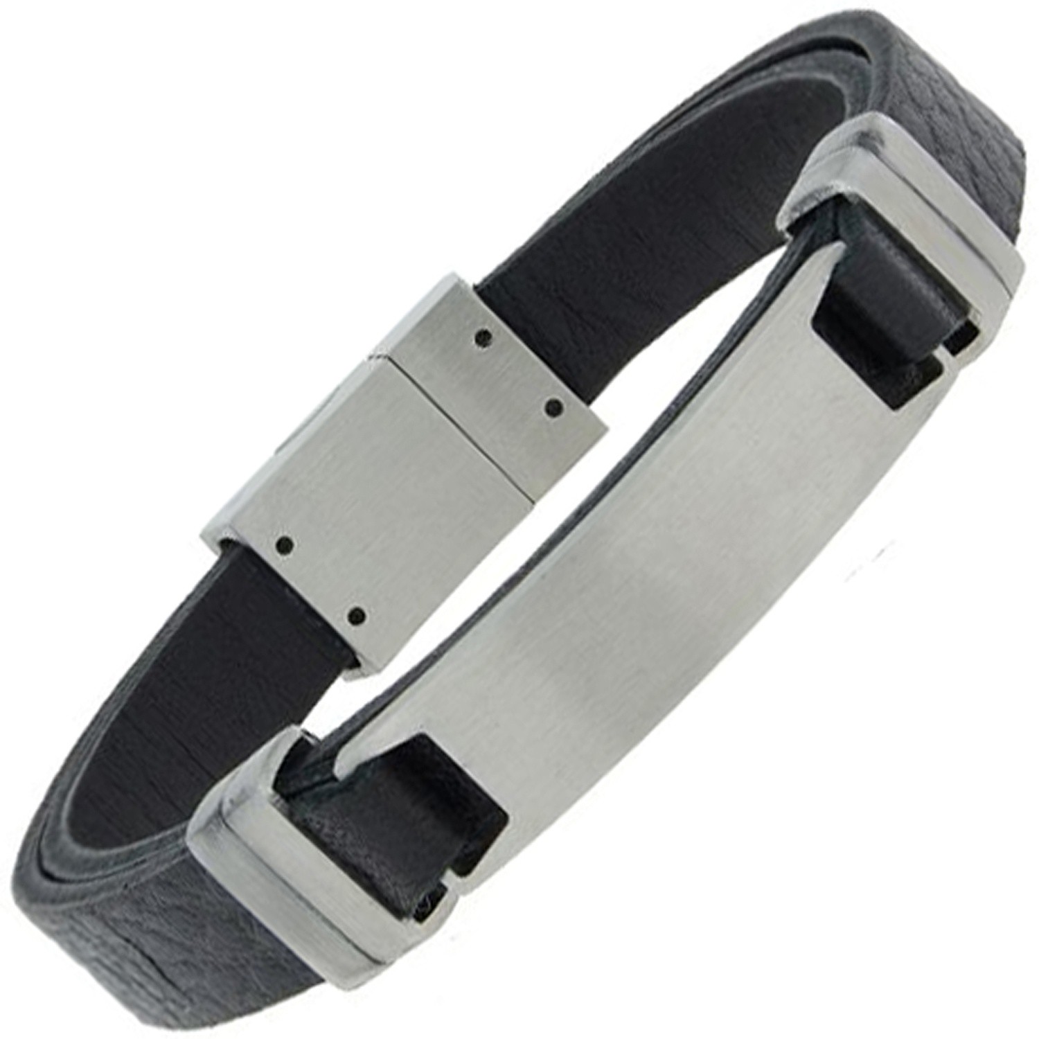 Armband mit Gravurplatte Leder schwarz und Edelstahl matt 21cm