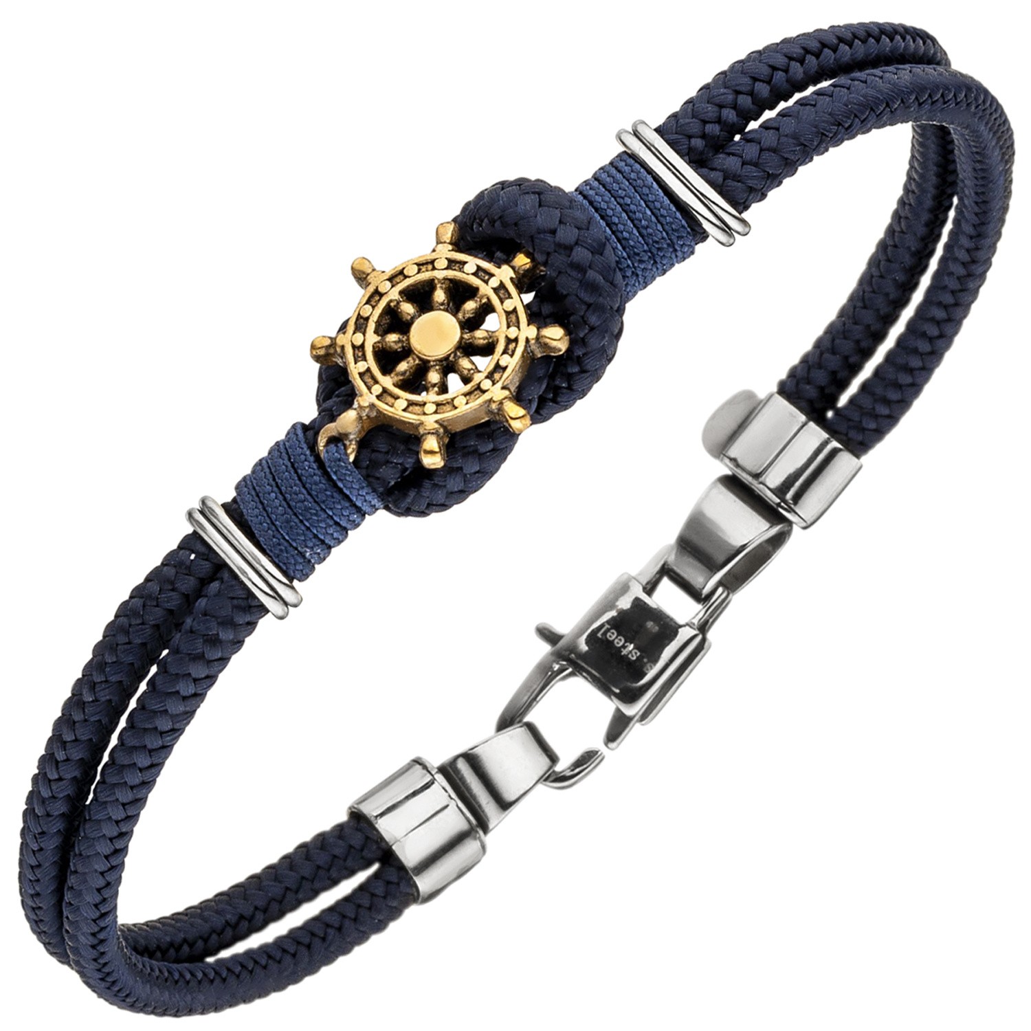 Armband Steuer Steuerrad 2-reihig Baumwolle dunkelblau mit Edelstahl 21cm