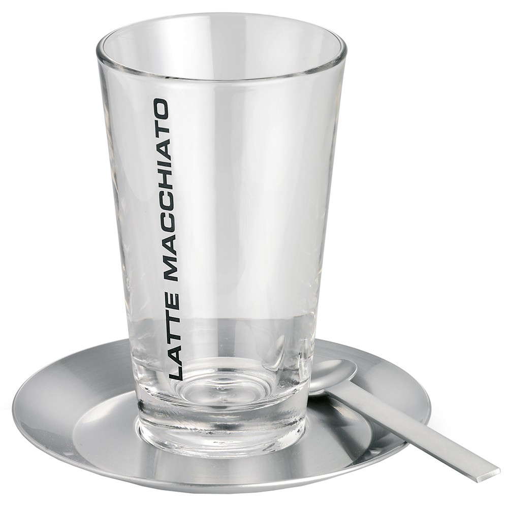 Latte Macchiato Set CONO 1 Glas mit 1 Teller und 1 Löffel Edelstahl matt