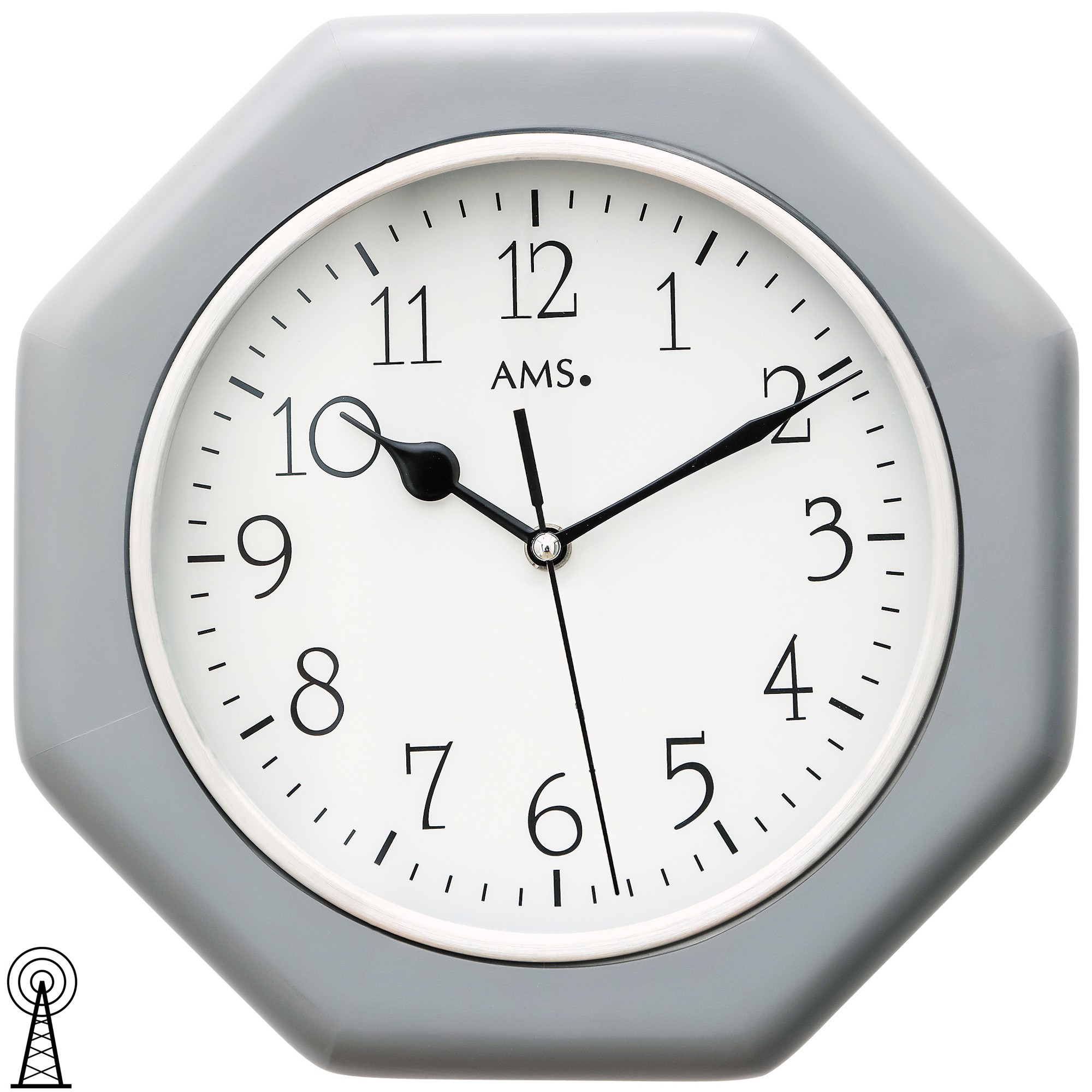 Wanduhr Funk Funkwanduhr analog Holzgehäuse grau achteckig