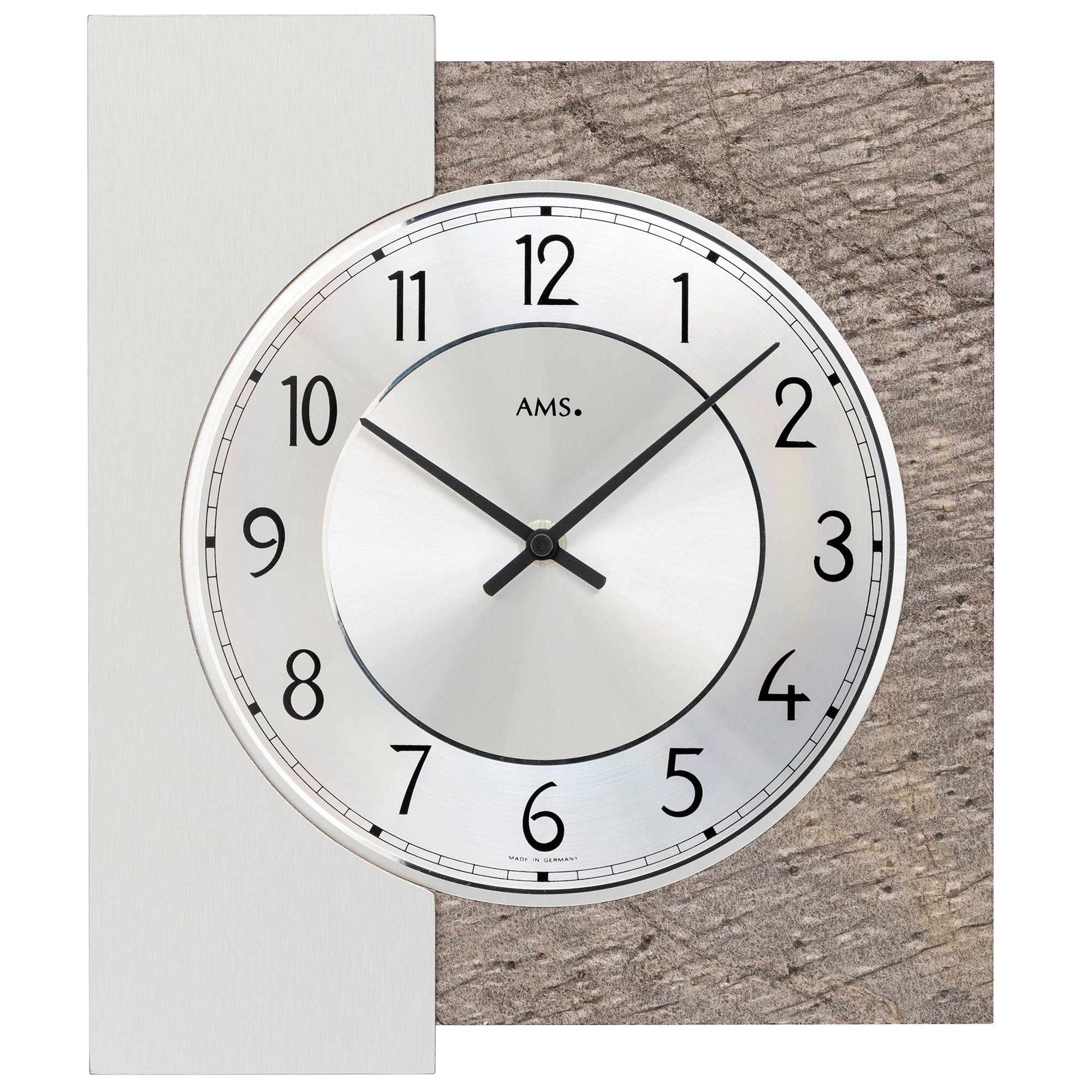 Wanduhr Quarz analog silbern mit Naturstein Auflage