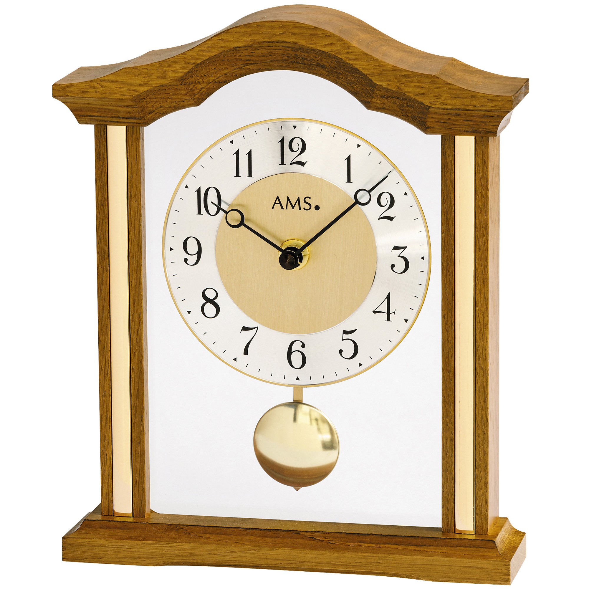 Tischuhr Quarz mit Pendel analog Holz Eiche mit Glas