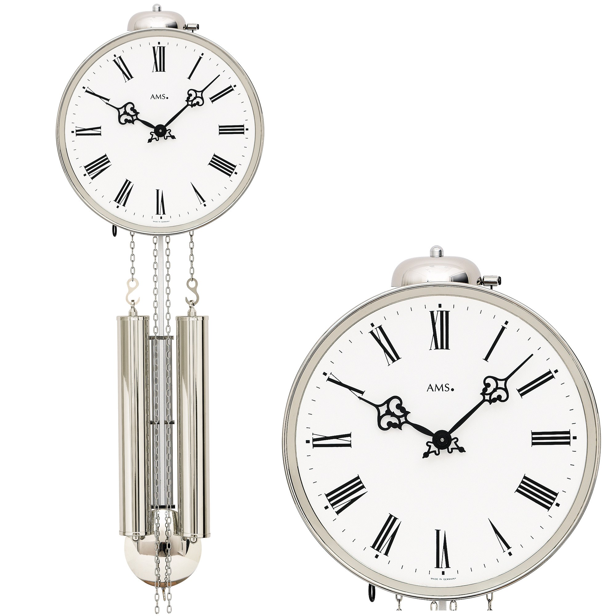 Wanduhr mit Pendel mechanisch silbern Frontreif aus Messing Pendeluhr