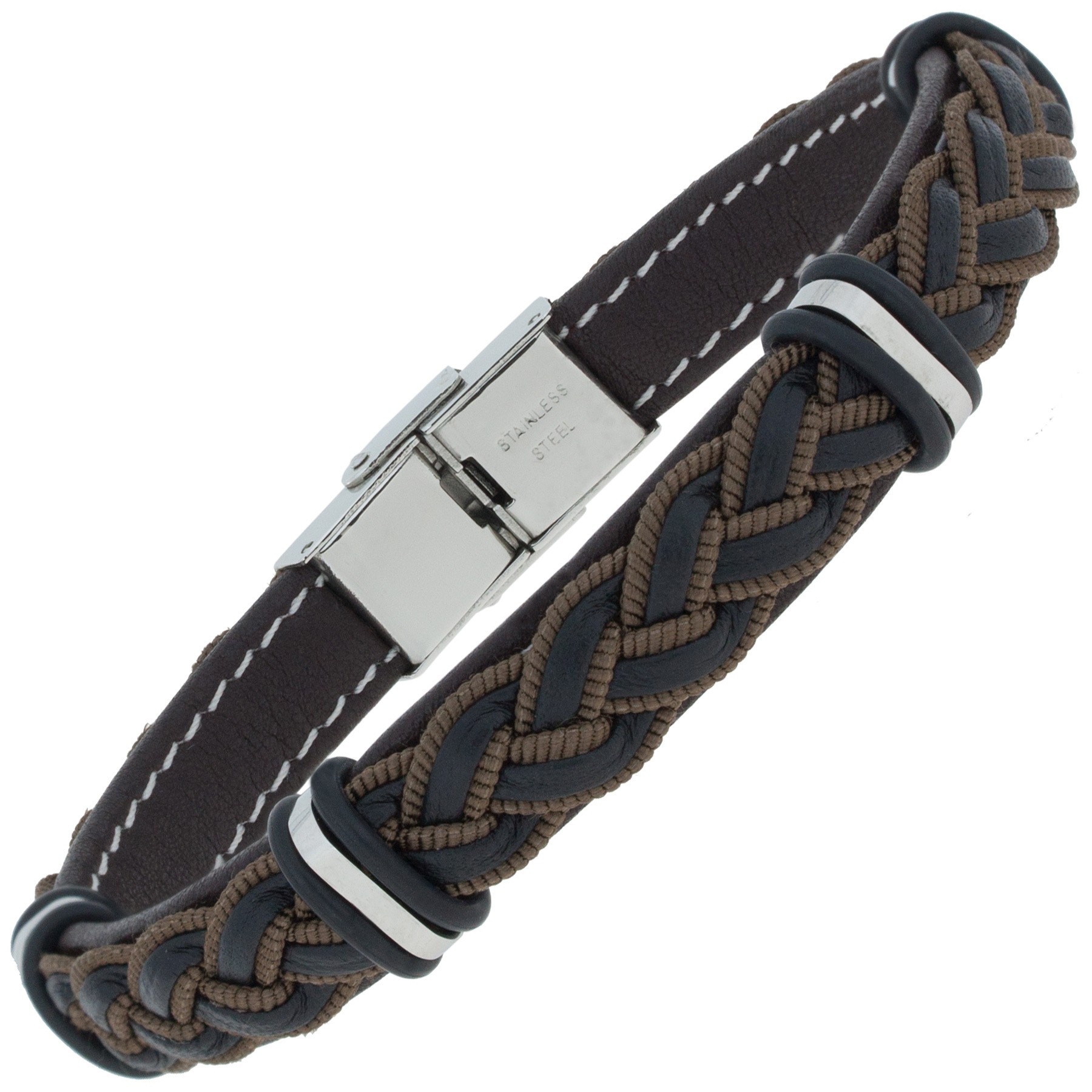 JOBO Armband Leder schwarz braun geflochten mit Edelstahl 21cm