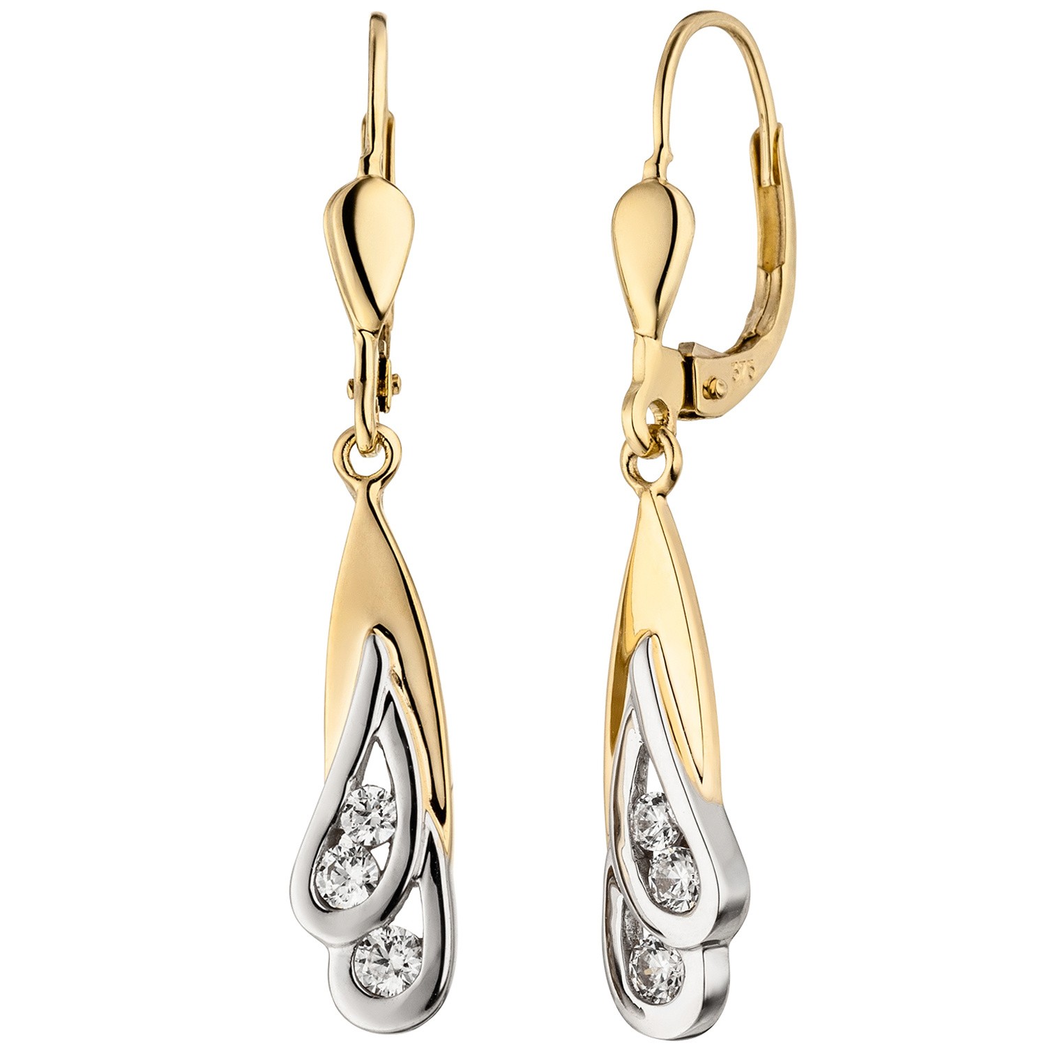 Ohrhänger 375 Gelbgold Weißgold bicolor, 6 Zirkonia Ohrringe Boutons