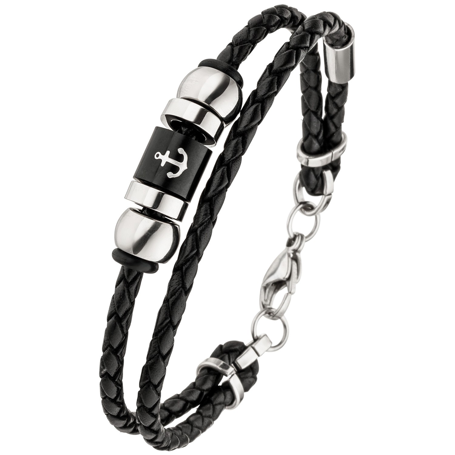 Armband Anker 2-reihig Leder geflochten mit Edelstahl 21cm