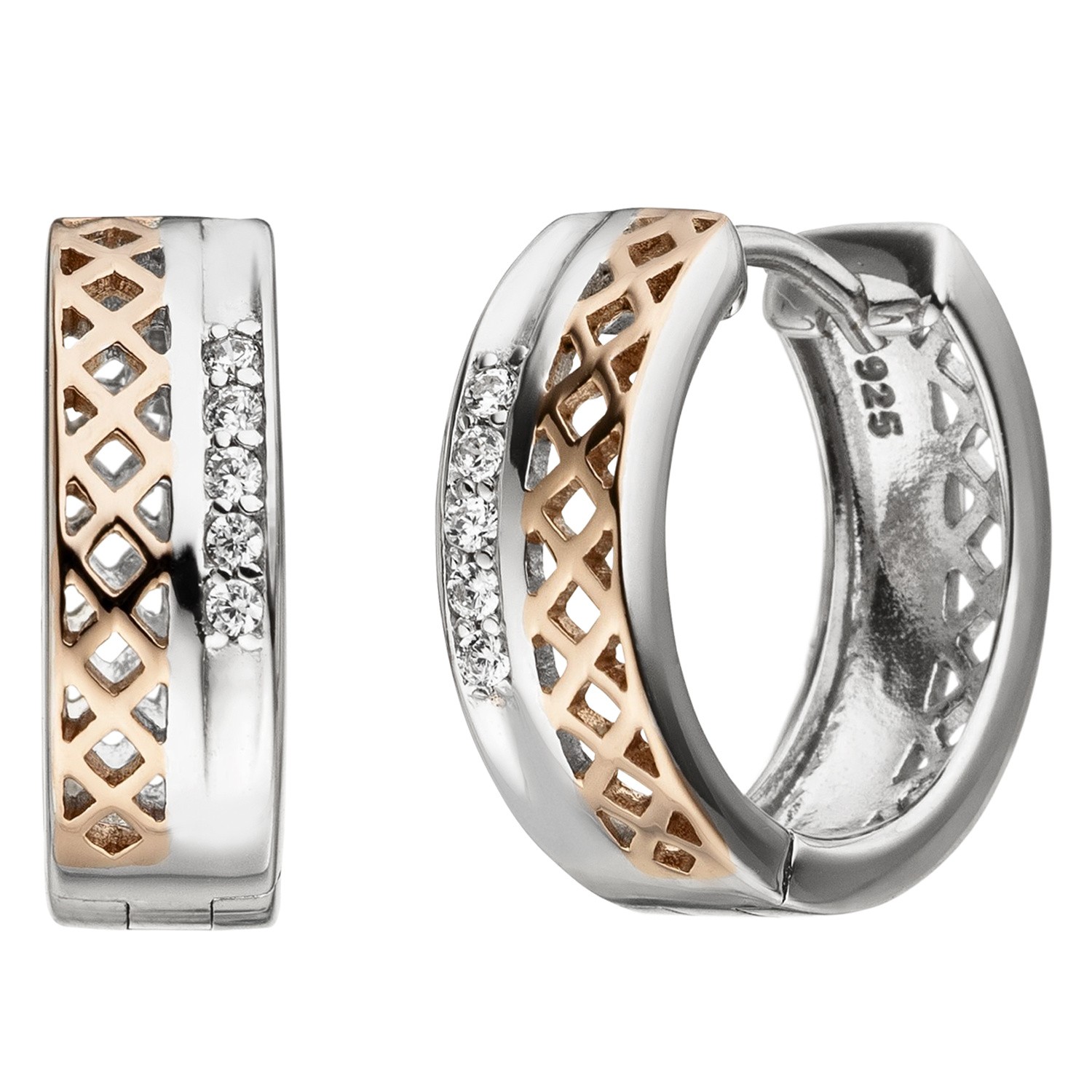 Creolen 925 Sterlingsilber bicolor vergoldet 10 Zirkonia Ohrringe Silbercreolen