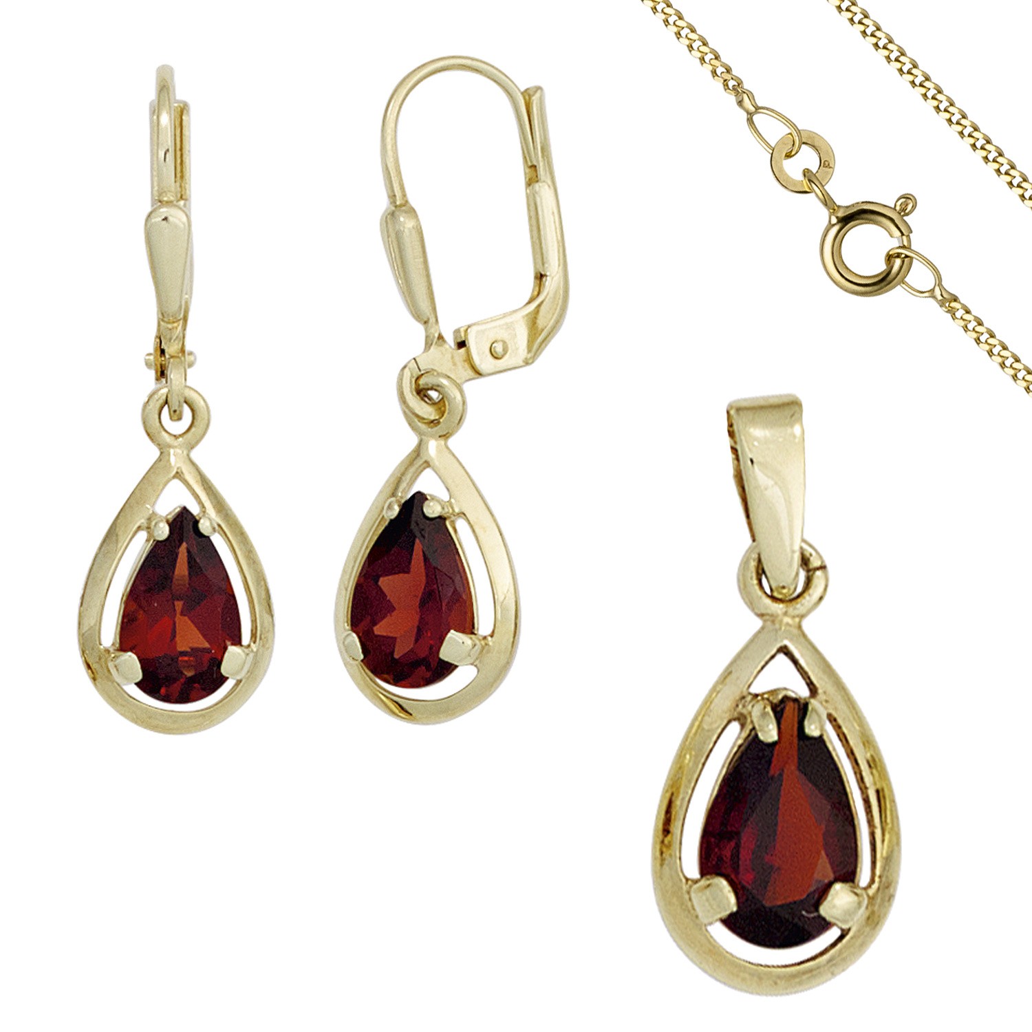 Schmuck-Set 333 Gelbgold 3 Granate rot Ohrringe und Kette 42cm