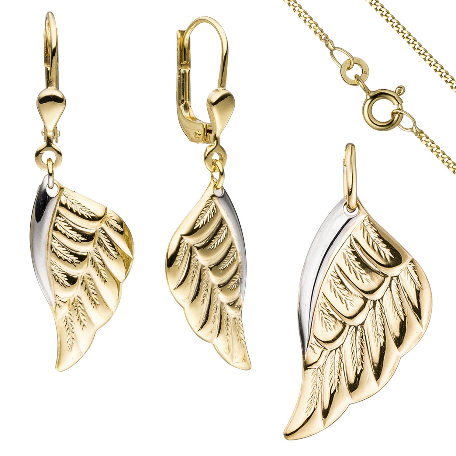 Schmuck-Set Flügel Engelsflügel 333 Gelbgold bicolor mit Kette 42cm