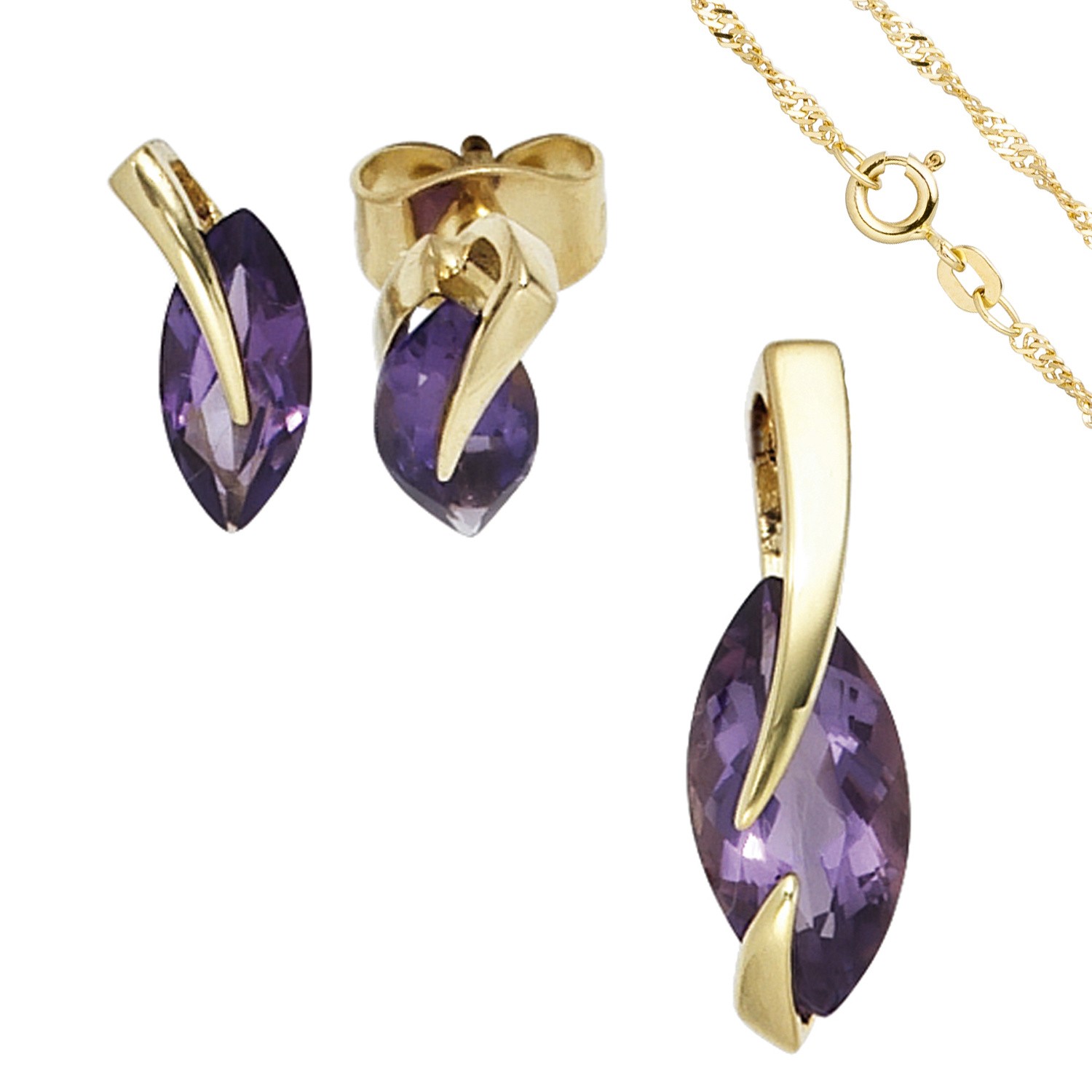 Schmuck-Set 585 Gelbgold 3 Amethyste lila violett Ohrringe und Kette 45cm